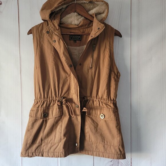 CEST' TOI Jackets & Blazers - C’EST TOI Women’s S Hooded Khaki/Sherpa Lined Vest, Full Front Zip & Snap Close